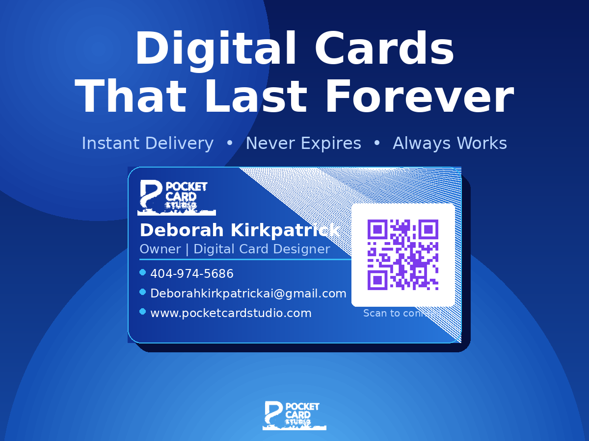 PocketCard Studio product overview showing contact save card, digital business card, event table sign, and static QR code examples